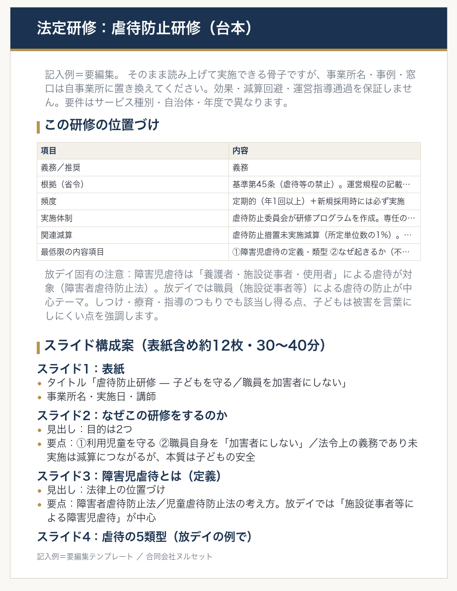 法定研修（虐待防止研修）の台本サンプル。そのまま研修に使える。
